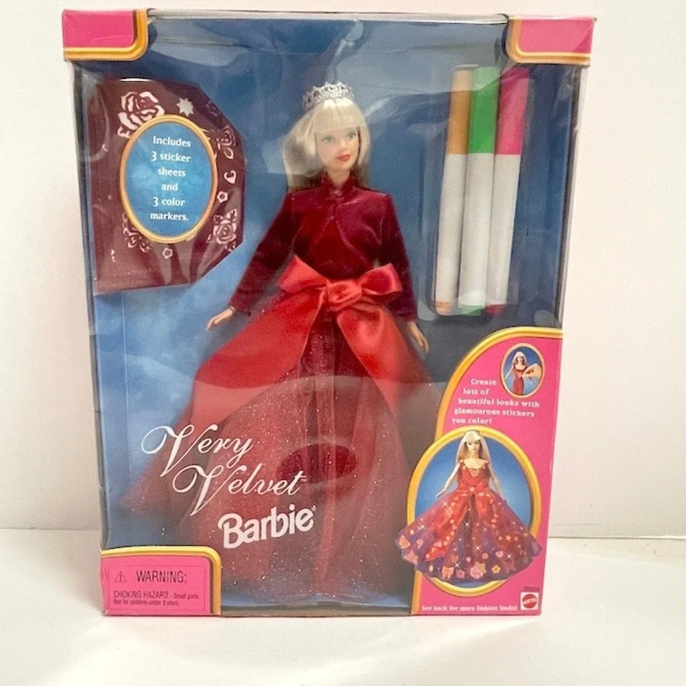 Very Velvet Barbie Doll Red Sparkly Gown Crown Markers Sticker Sheets New